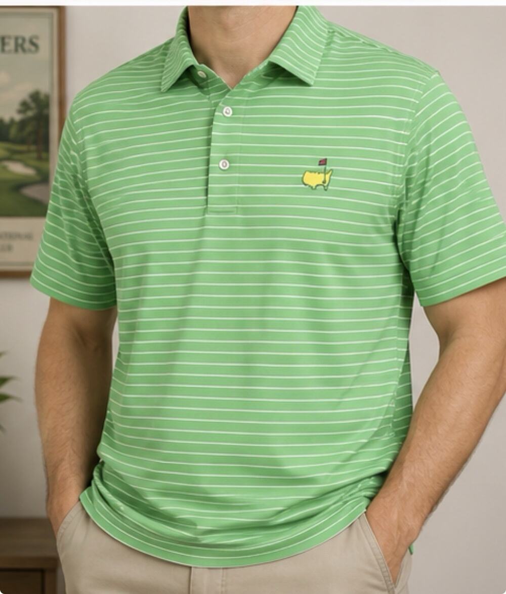 Masters Tech Men’s L Green White Stripe Augusta National Golf Polo Shirt